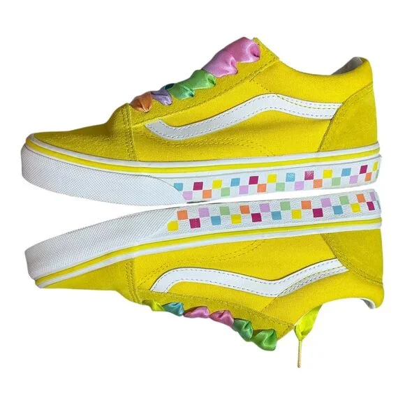 VANS Old Skool Rainbow Lace Yellow/white - Multi Color Checkerboard Kids 3 - Picture 7 of 14